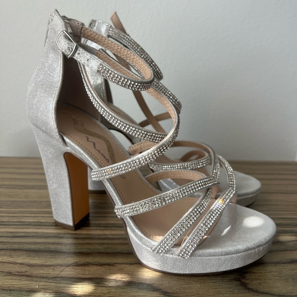 Nina Silver Strappy Platform High Heels with Thick 4.5 inch Heel